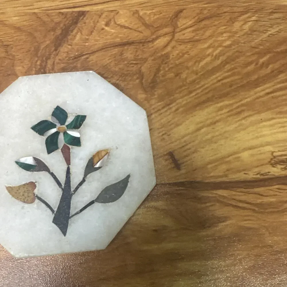White Marble Floral Coasters Pietra Dura Inlay Lapis Mother of Pearl 3
